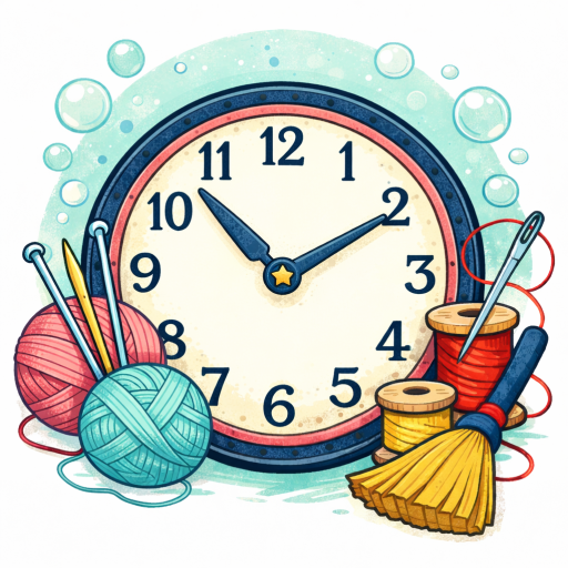 Create and Clean Pomodoro Logo: A Clock with yarn, knitting needles, crochet hook, spools of thread, sewing needle, broom, and soap bubbles